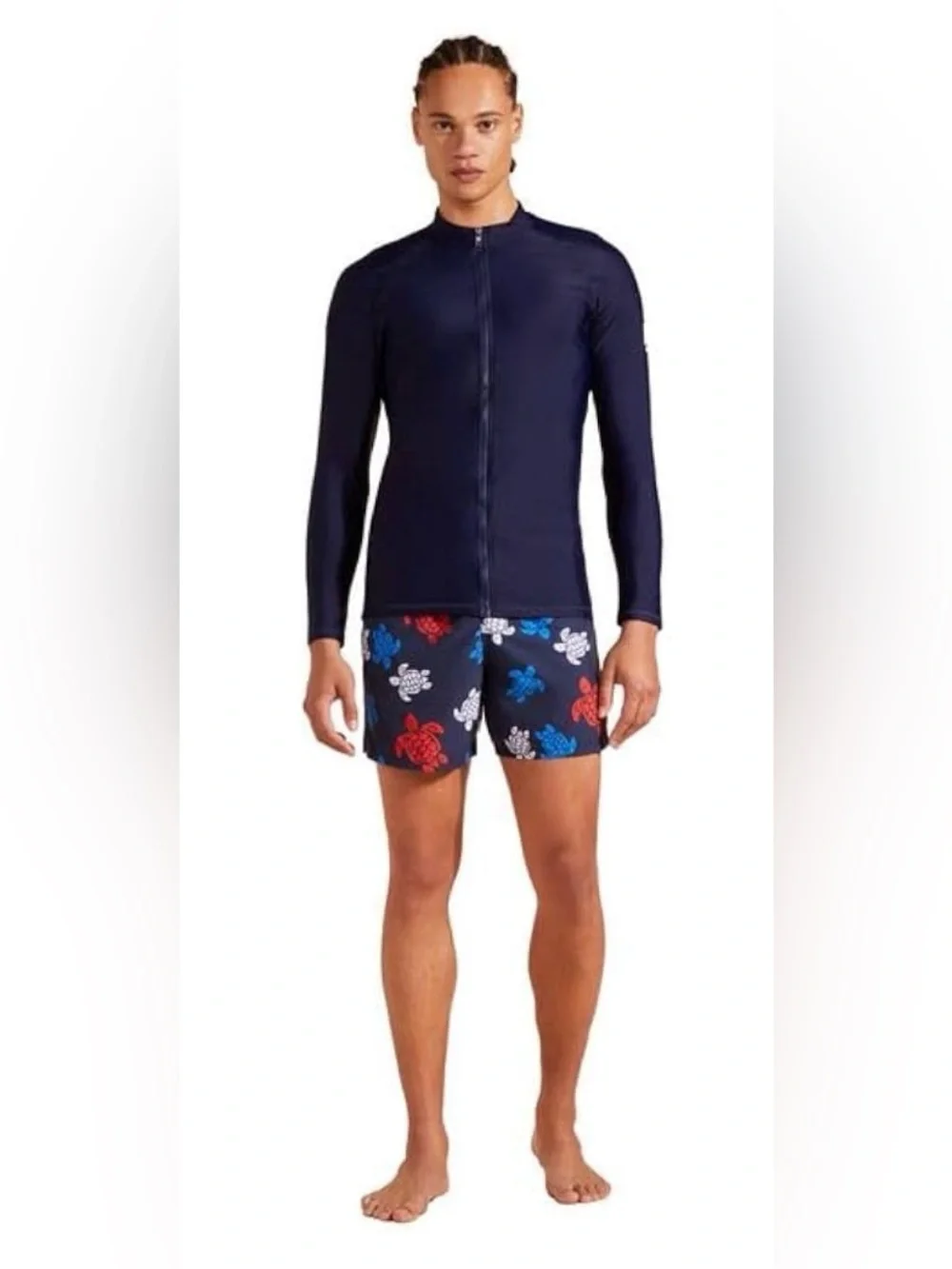 Vilebrequin Navy Zip-Front Rash Guard with Multicolor Turtle Print Swim Trunks